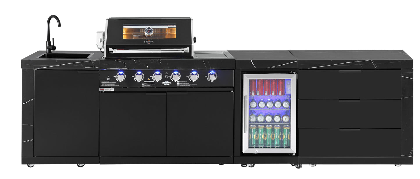 Rockpool Black 4B + Wok: Designer Outdoor BBQ Kitchen Package Inc Fridge, Sink, Rear Infrared, Rotisserie, BBQ Cover