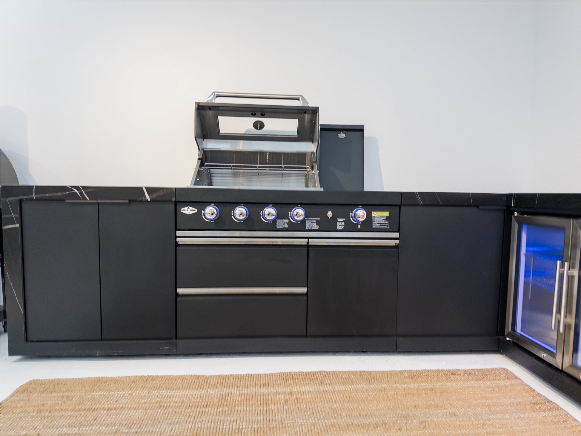 Rockpool Black 4B + Wok L Shape Outdoor Kitchen BBQ Package Black Stone + 2DR Fridge, 2DR Sink, 1DR Cupboard