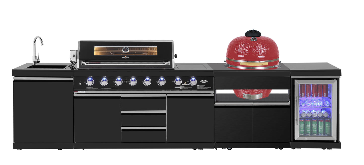 Kingsley 6-Burner Outdoor BBQ Kitchen + 21” Smoker Module: Black Stainless Steel, Stone Bench, Fridge, Sink, Height Adjustable, Rotisserie with BBQ Cover