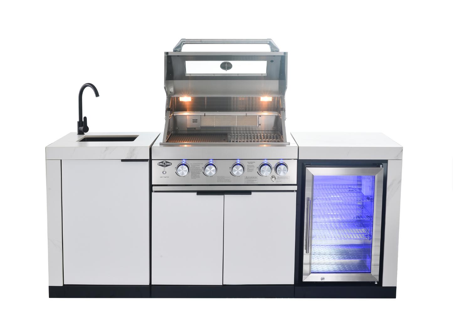 Rockpool White 4B: Designer Outdoor BBQ Kitchen Matt White Stone + White Doors, Fridge & Sink