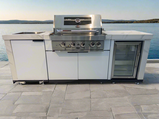 Floor Stock Rockpool White 4B: Designer Outdoor BBQ Kitchen Matt White Stone + White Doors, Fridge & Sink