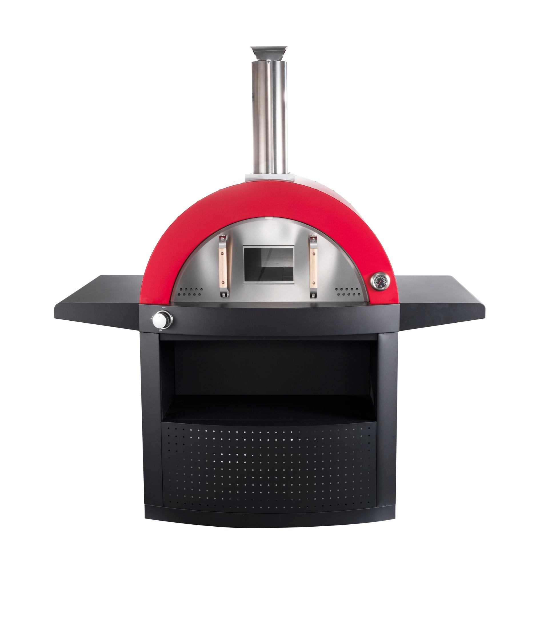 Grill King Hybrid Gas & Wood-fire 30” Pizza Oven, Heavy Duty Black Stainless Steel, Side & Front Bench