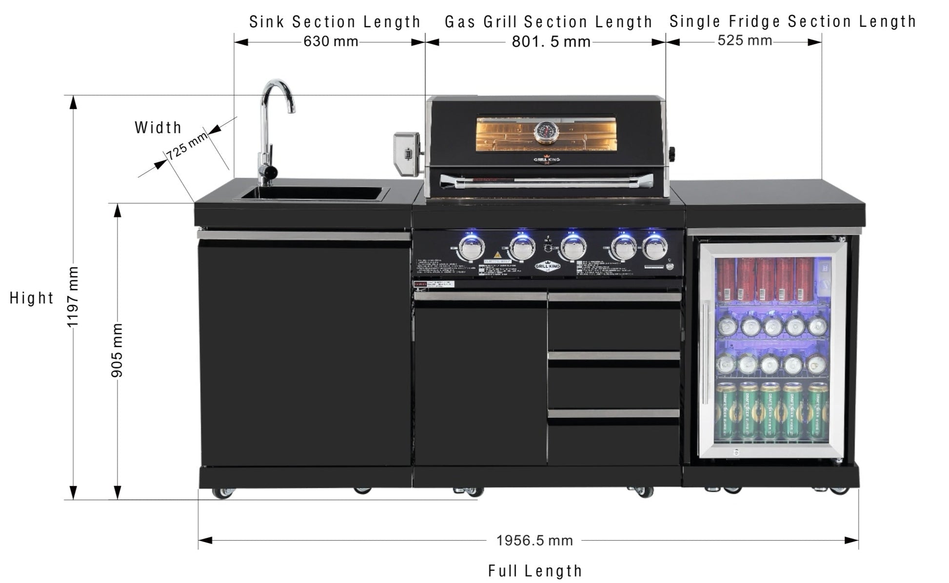 4 Burner Non Wok Black Stainless Steel BBQ Kitchen: Stone Bench, Fridge, Sink, Height Adjustable, Rotisserie with BBQ Cover