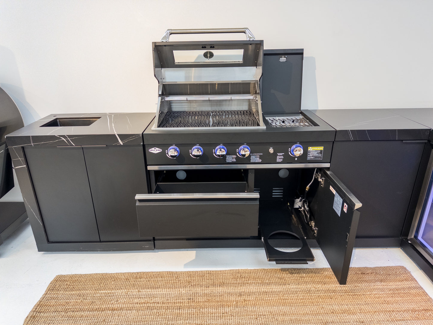 Rockpool Black 4B + Wok L Shape Outdoor Kitchen BBQ Package Black Stone + 2DR Fridge, 2DR Sink, 1DR Cupboard