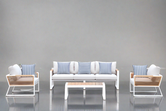 Morlaix 4 Piece Hampton Style Designer Outdoor Lounge Set: White Aluminium, Acacia Wood, Table & Cushions