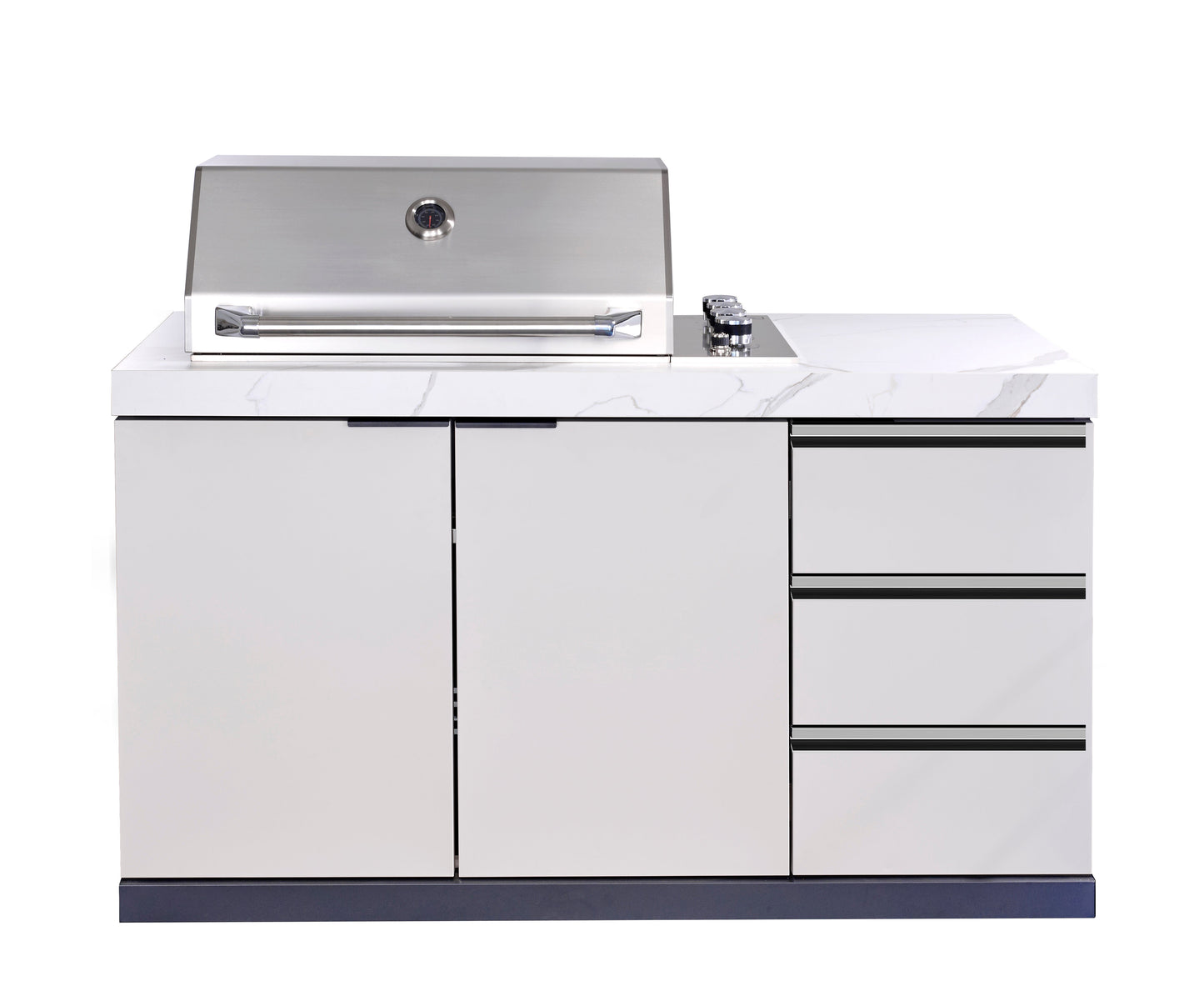 Rockpool 4B Flat Hood BBQ Kitchen | Teppanyaki BBQ Kitchen Package with Hampton Style White Cabinets, Stainless Steel Flat Hood, Fridge and Sink