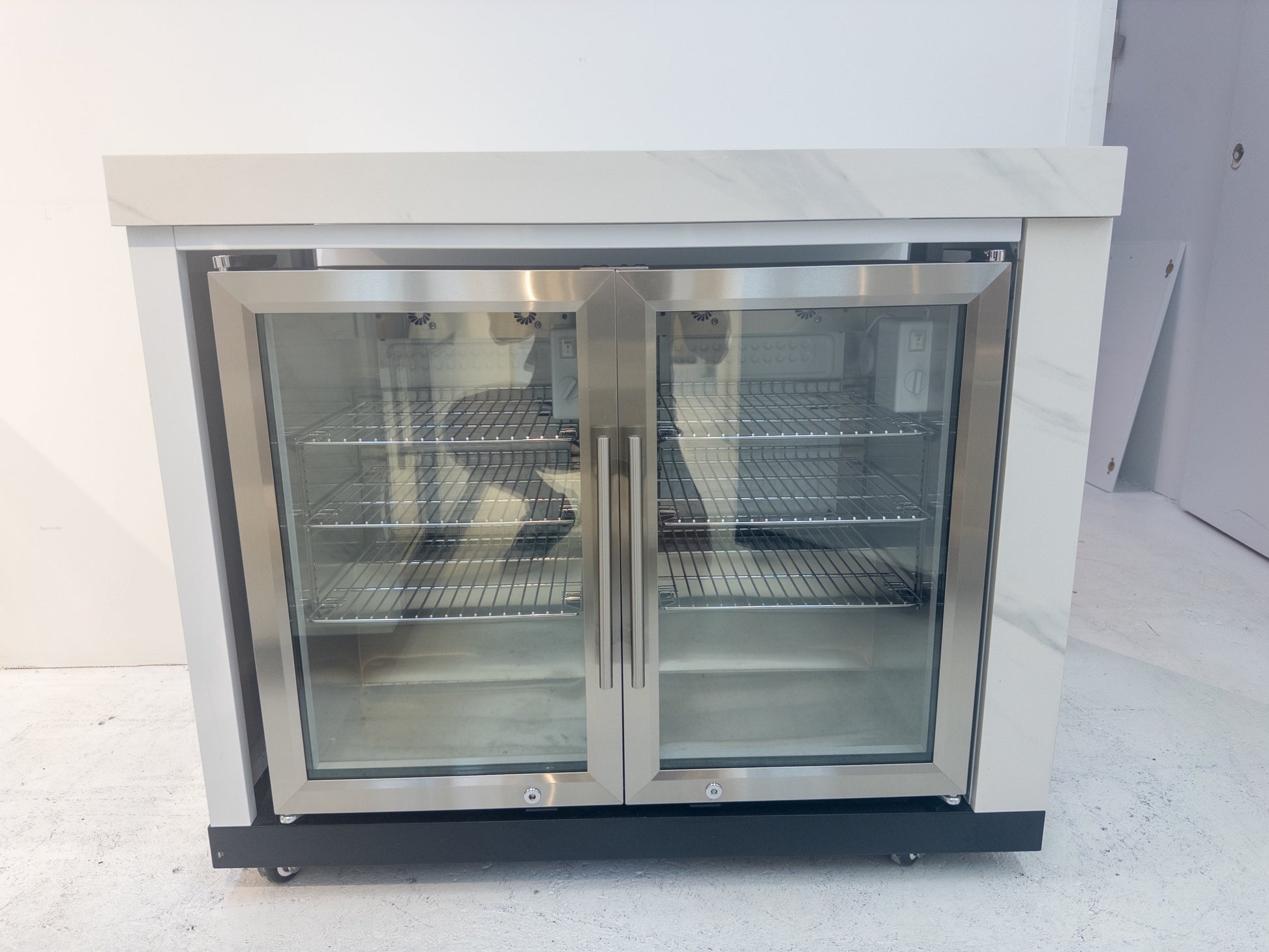 Twin Fridge Module Suits Rockpool White BBQ Kitchen Package Inc Stone Finishes, Aluminum Powder coated Cabinets, Castor Wheels