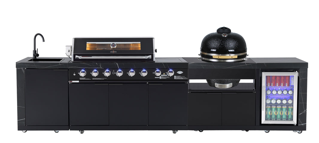 Rockpool Black 6B + 21” Kamado Smoker : Designer Outdoor Kitchen BBQ Package Inc Wok Burner, Fridge, Sink, Rotisserie & BBQ Covers