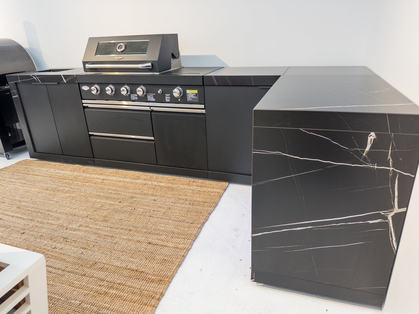 Rockpool Black 4B + Wok L Shape Outdoor Kitchen BBQ Package Black Stone + 2DR Fridge, 2DR Sink, 1DR Cupboard