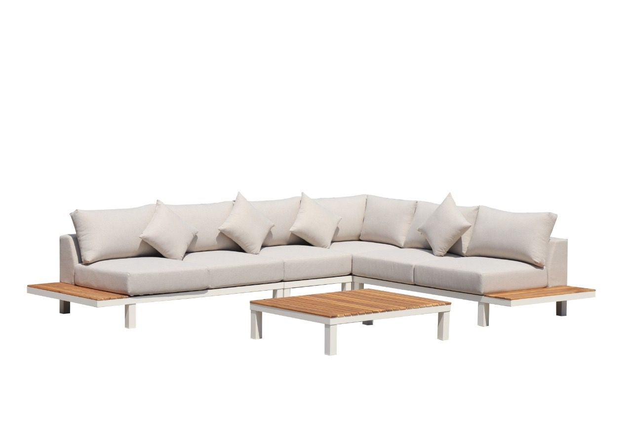 ARI Ralph White Hampton Corner Set - Outdoor Aluminium & Acacia Modular Corner Lounge White Aluminium with White Fabric