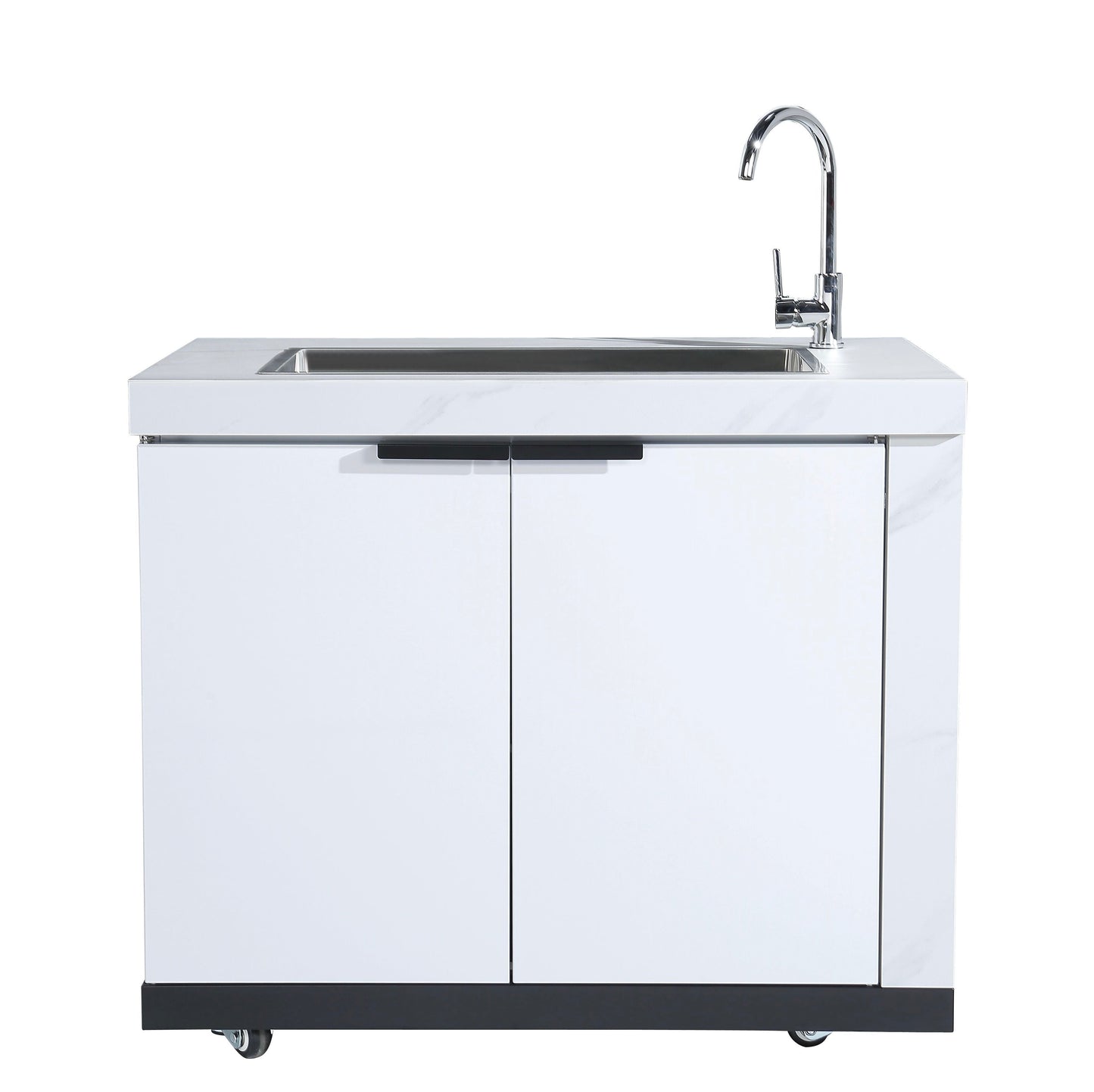 2DR RHS Waterfall Edge Sink Module Suits Rockpool White BBQ Kitchen Package Inc Stone Finishes, Aluminum Powder coated Cabinets, Tap, Waste, Hose, Castor Wheels