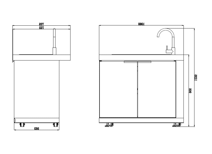 2DR RHS Waterfall Edge Sink Module Suits Rockpool White BBQ Kitchen Package Inc Stone Finishes, Aluminum Powder coated Cabinets, Tap, Waste, Hose, Castor Wheels