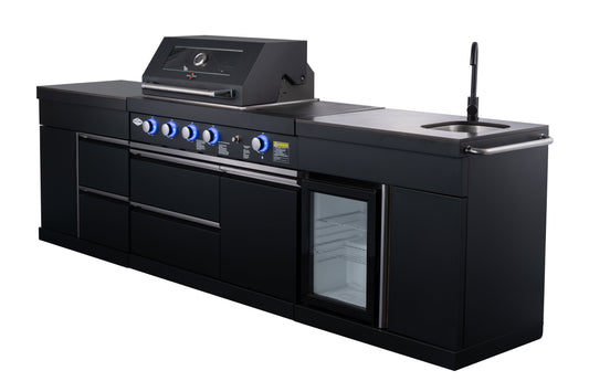 Black Felix 4B + Wok Designer BBQ Kitchen 2.8M: Fridge, Faucet, Sink, Side Wok, Storage Cupboard, Stone Benchtops