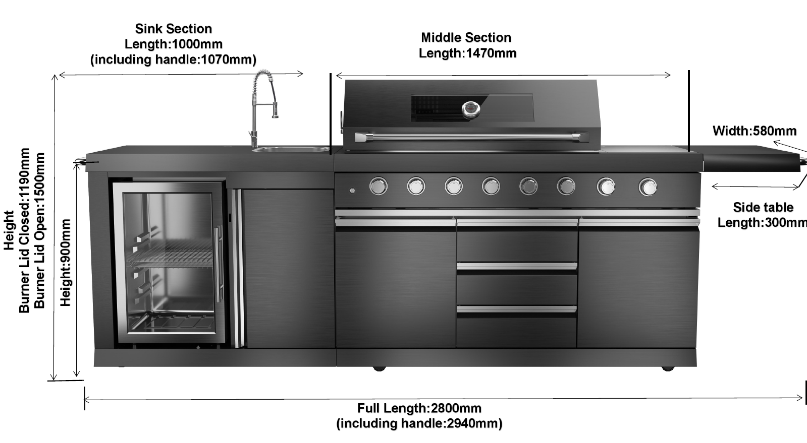 Macelleria Professional 6 Burner Outdoor Kitchen BBQ | Black High Grade #304  Stainless Steel