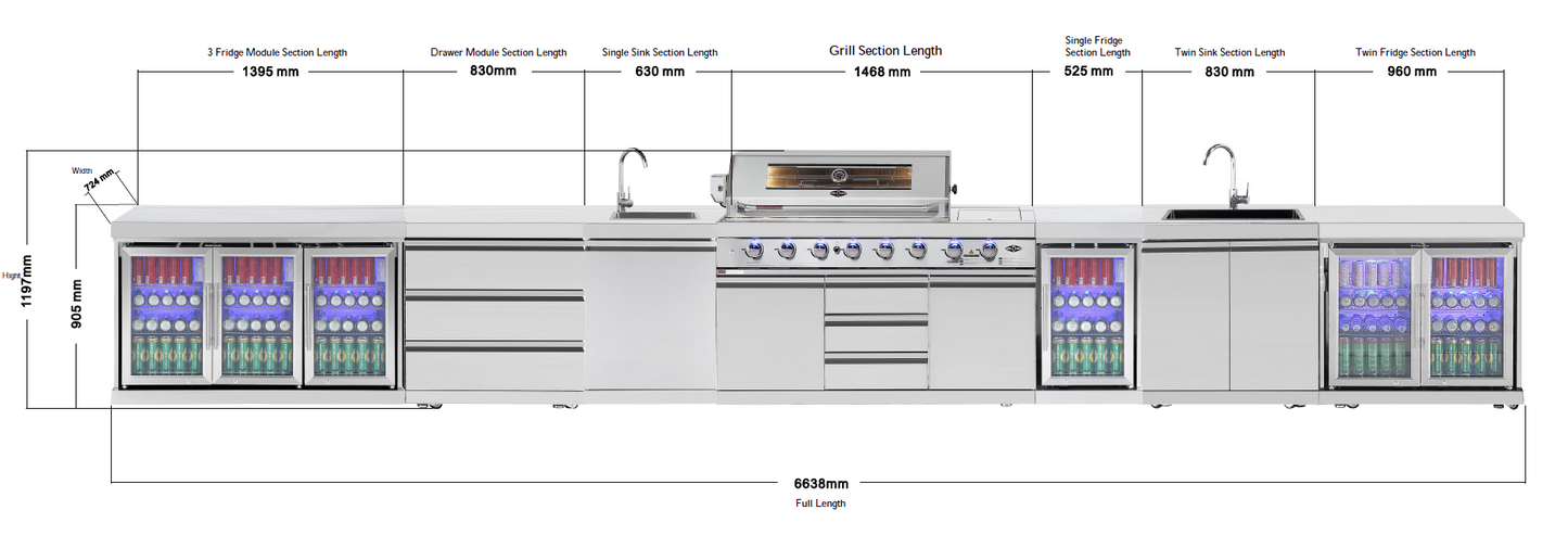 Hurricane Corner L Shape 6-Burner Outdoor Kitchen: Stainless Steel, Fridge, Sink, Wok & Rear Infrared Burner Click & Collect NSW, QLD, VIC