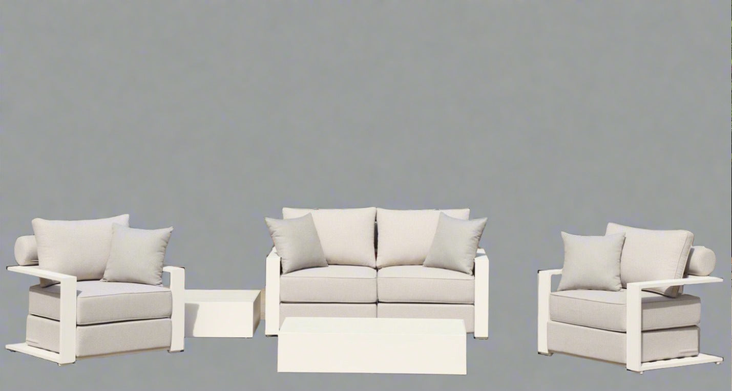 Executive 5 Piece Sofa Set: White Hampton Style with Industrial Aluminium Frame and Element-Resistant Fabric