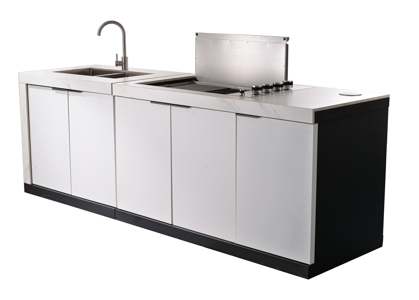 White Stone 4B Square Hood BBQ Kitchen Package with Stone Benchtops, Hampton Waterfall Design