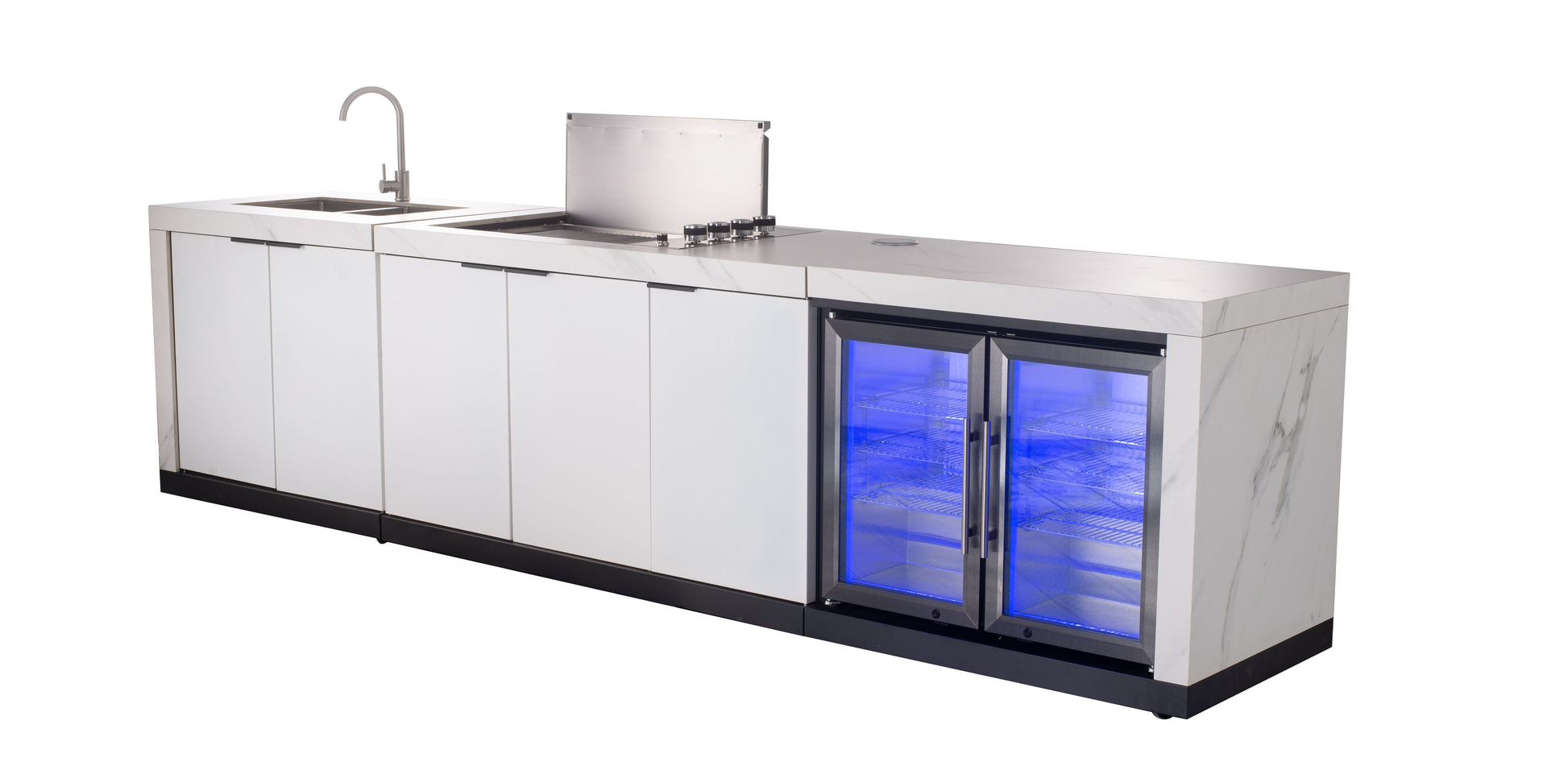 Rockpool 4B Flat Hood BBQ Kitchen | Teppanyaki BBQ Kitchen Package with Hampton Style White Cabinets, Stainless Steel Flat Hood, Fridge and Sink