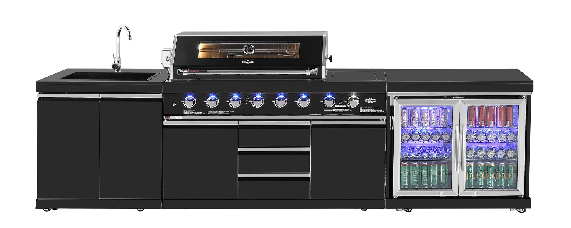 Kingsley 6-Burner Outdoor BBQ Kitchen: Black Stainless Steel, Stone Bench, Fridge, Sink, Height Adjustable