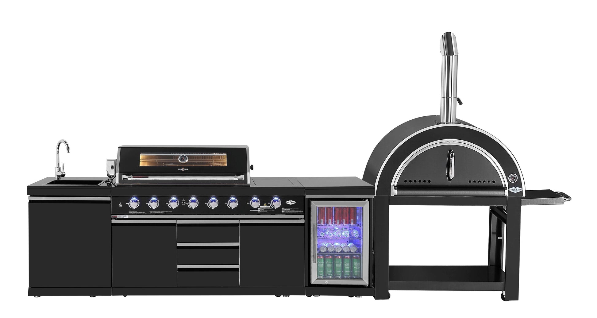 Kingsley 6-Burner Outdoor BBQ Kitchen: Black Stainless Steel, Stone Bench, Fridge, Sink, Height Adjustable