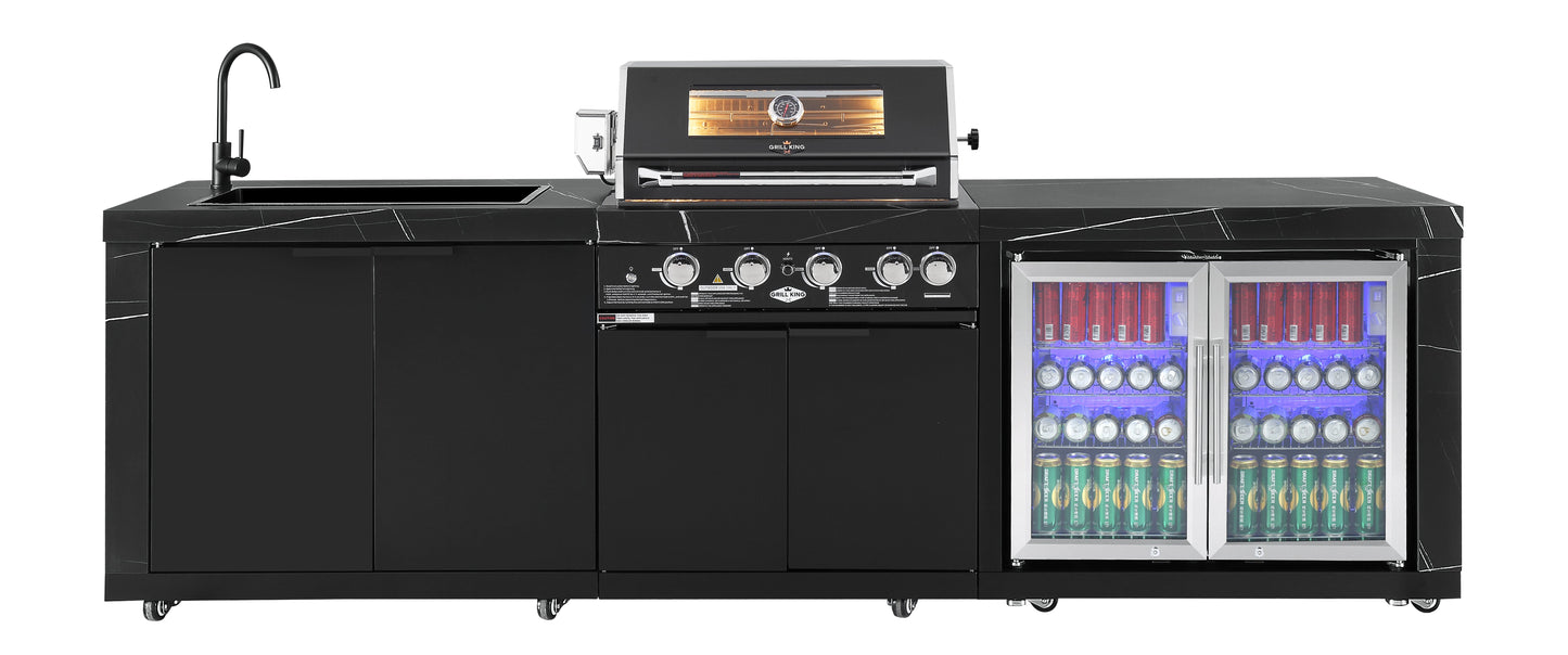 Rockpool 4B: Designer Black Outdoor BBQ Kitchen Package inc Fridge, Sink Rear Infrared, Rotisserie, BBQ Cover