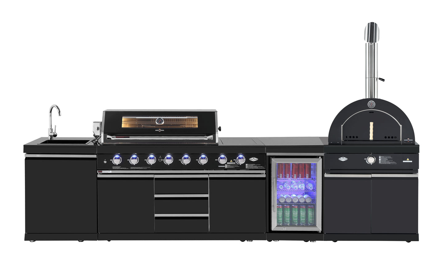 Kingsley 6-Burner Outdoor BBQ Kitchen: Black Stainless Steel, Stone Bench, Fridge, Sink, Height Adjustable