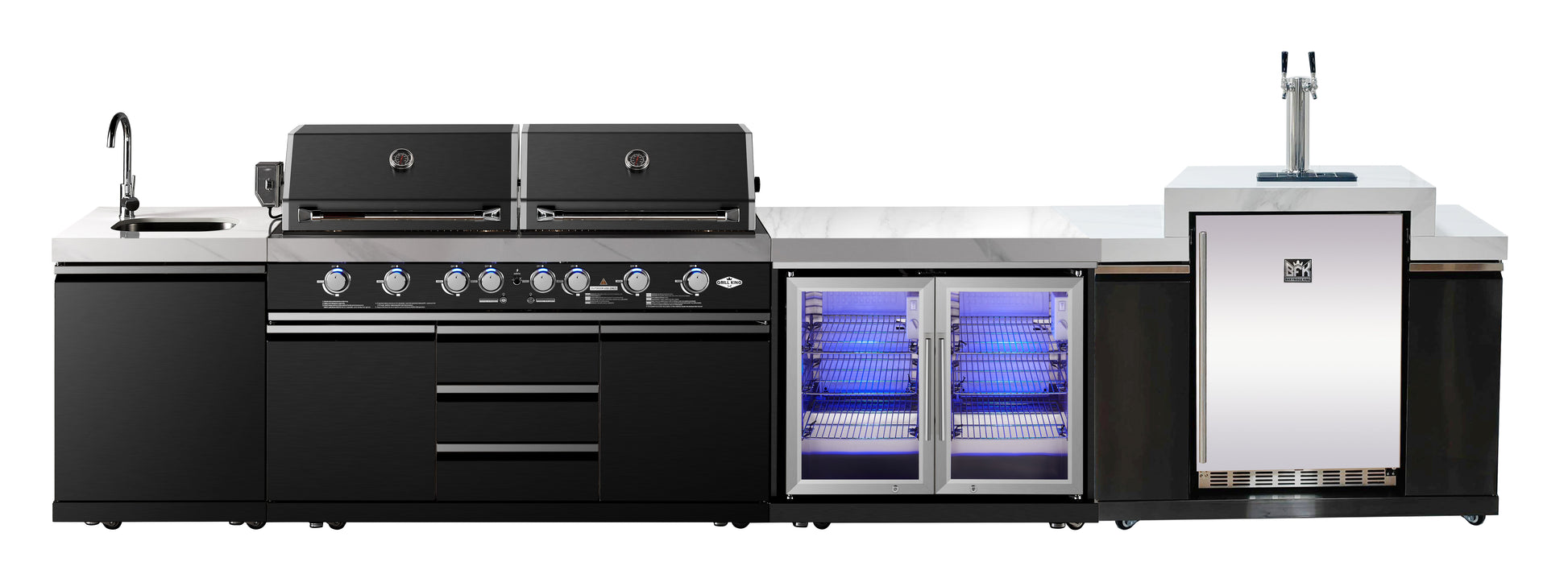 Element Twin Hood 8-Burner Outdoor BBQ Kitchen + 188L Kegerator : Graphite Stainless Steel, Stone Bench, Fridge, Sink, Height Adjustable, Rotisserie with BBQ Cover