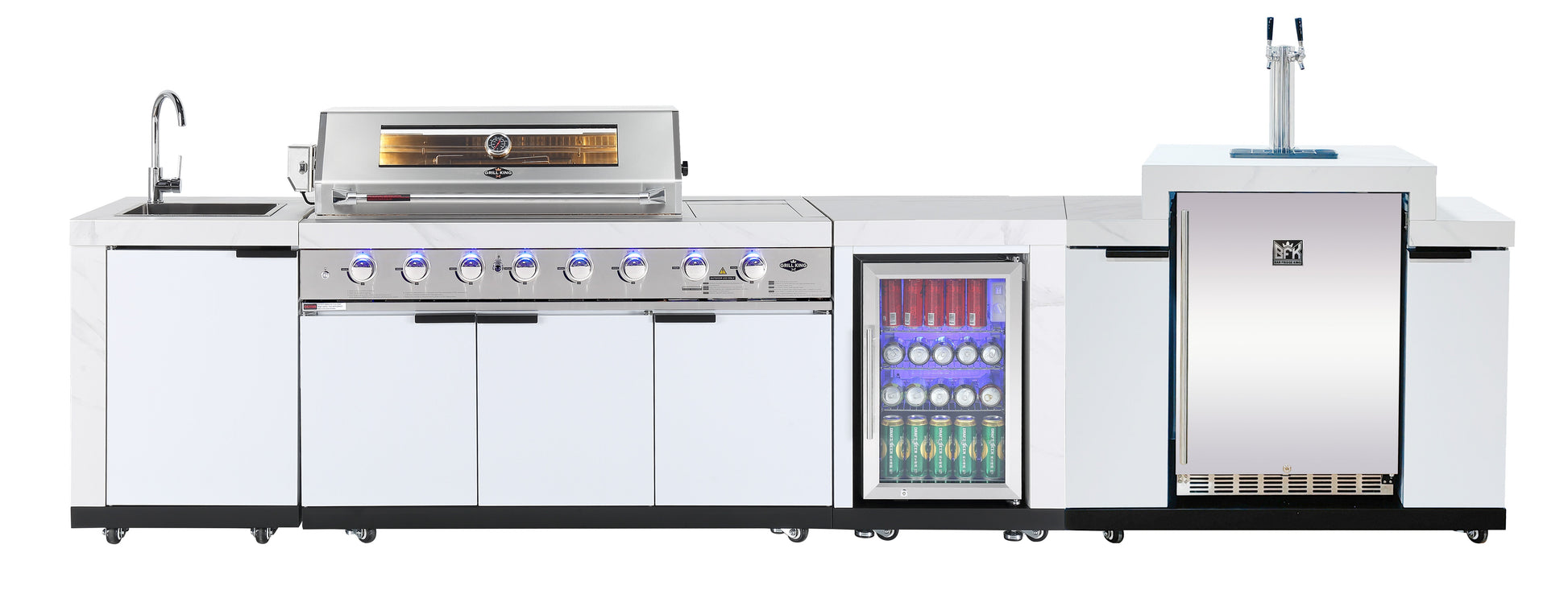 Rockpool White 6B + 188L Kegerator : Designer Outdoor Kitchen BBQ Package Inc Wok Burner, Fridge, Sink, Rotisserie & BBQ Covers.