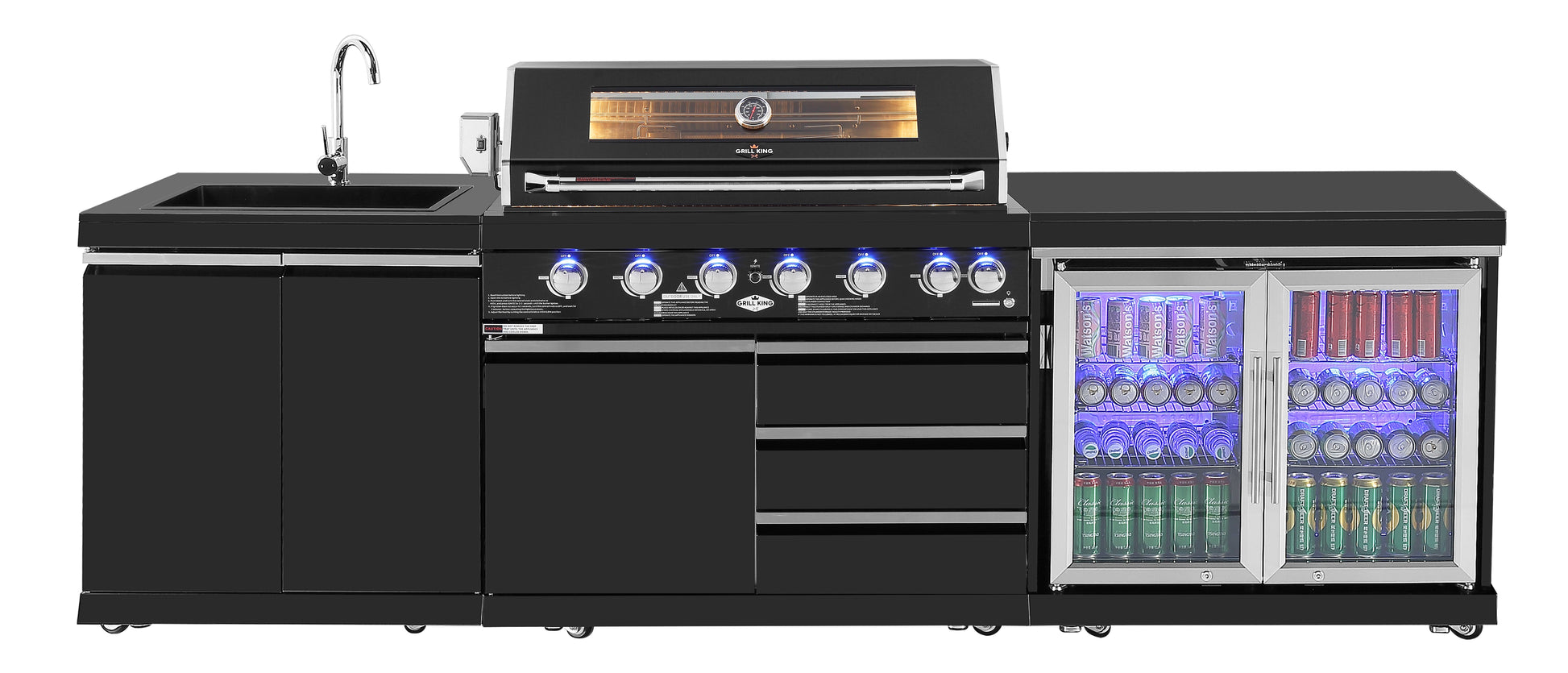 Pre Order 6 Burner Non Wok Black Stainless Steel BBQ Kitchen: Stone Bench, Fridge, Sink, Height Adjustable, Rotisserie with BBQ Cover