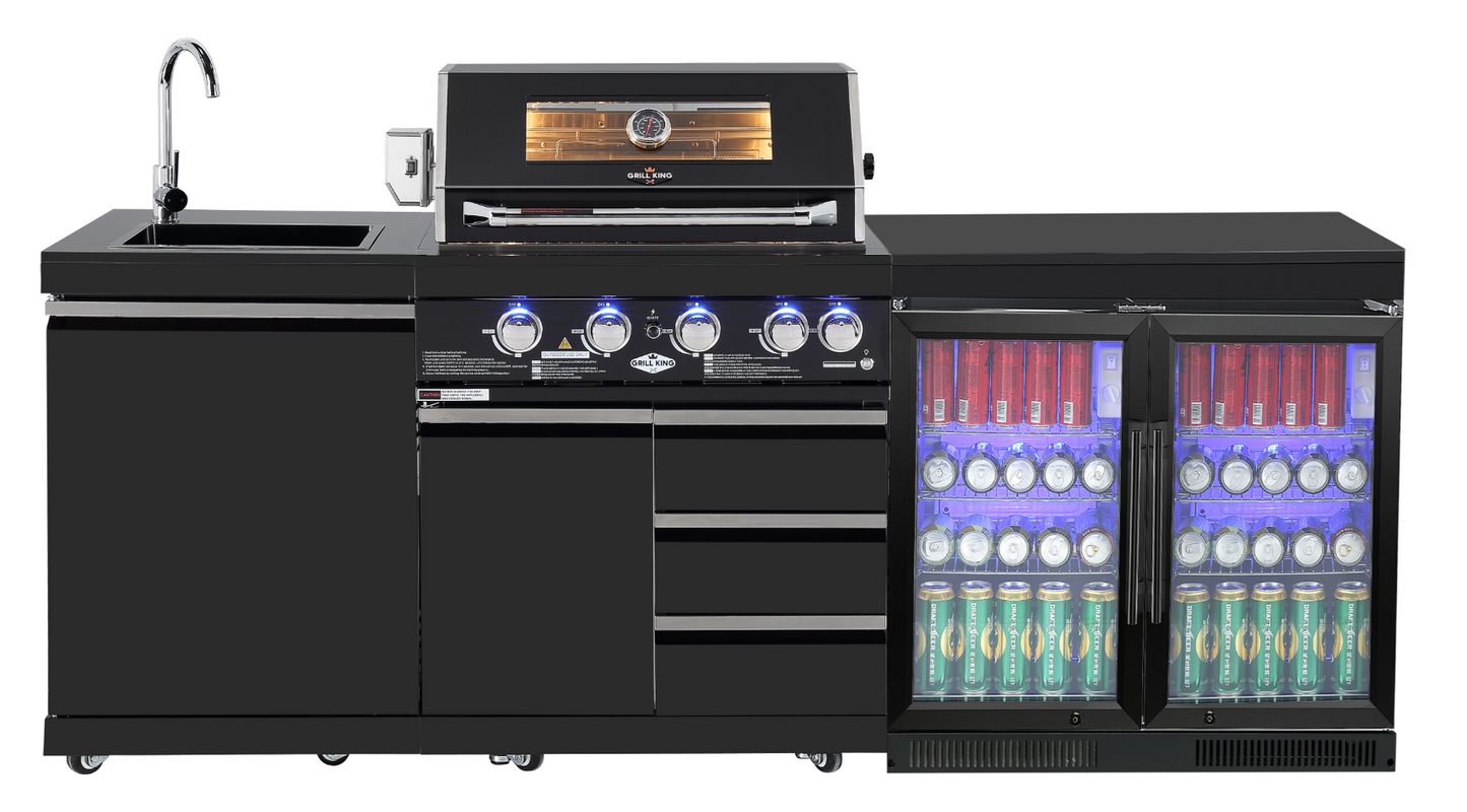 4 Burner Non Wok Black Stainless Steel BBQ Kitchen: Stone Bench, Fridge, Sink, Height Adjustable, Rotisserie with BBQ Cover