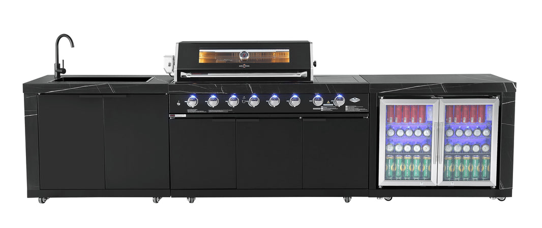 Rockpool Black XL 6B + Wok : Designer Outdoor Kitchen BBQ Package With Fridge, Sink, Rotisserie & BBQ Covers.