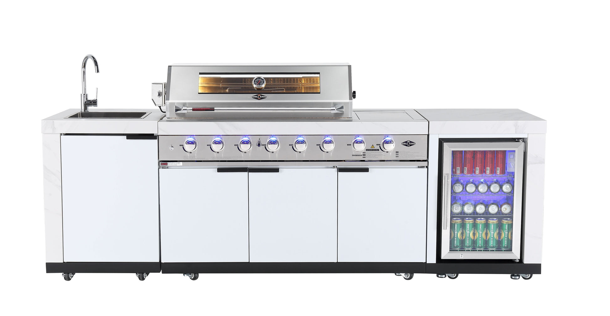 Rockpool White 6B + 188L Kegerator : Designer Outdoor Kitchen BBQ Package Inc Wok Burner, Fridge, Sink, Rotisserie & BBQ Covers.