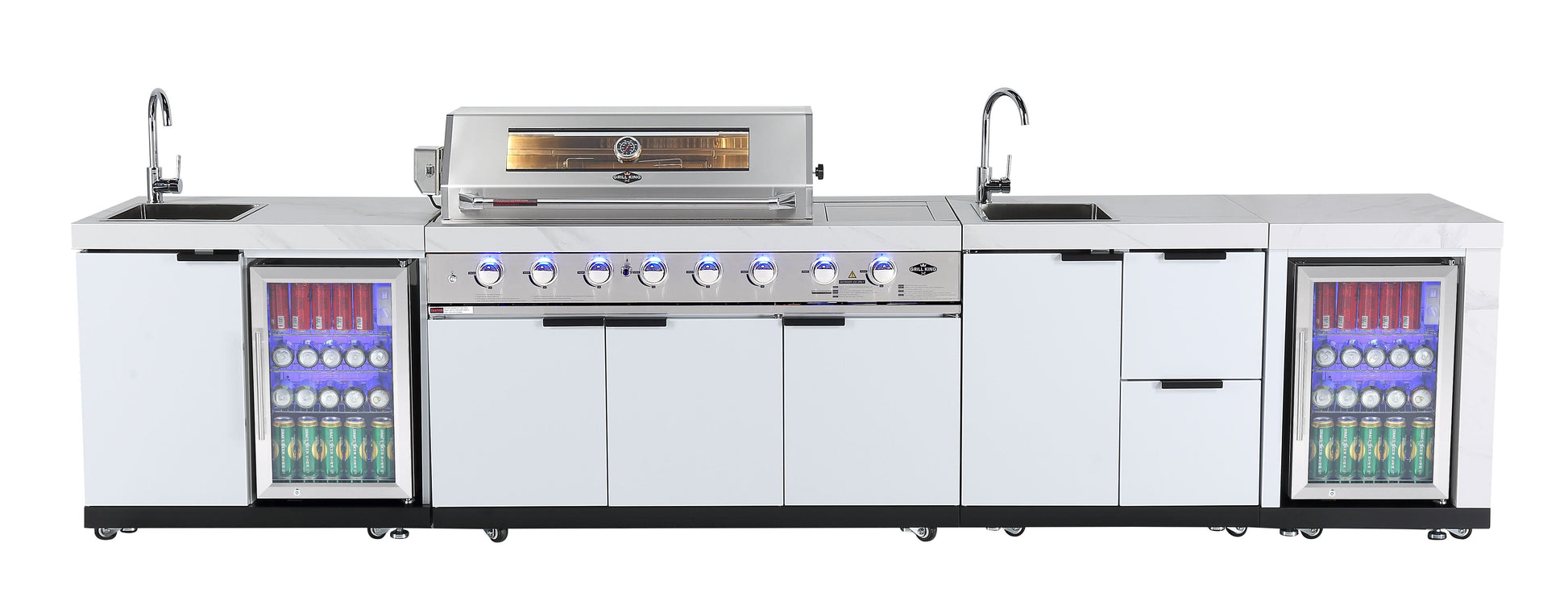 Rockpool 6B + Wok: White Designer 6 Burner Outdoor BBQ Kitchen Package: Inc White Bench, White Doors, Fridge & Sink