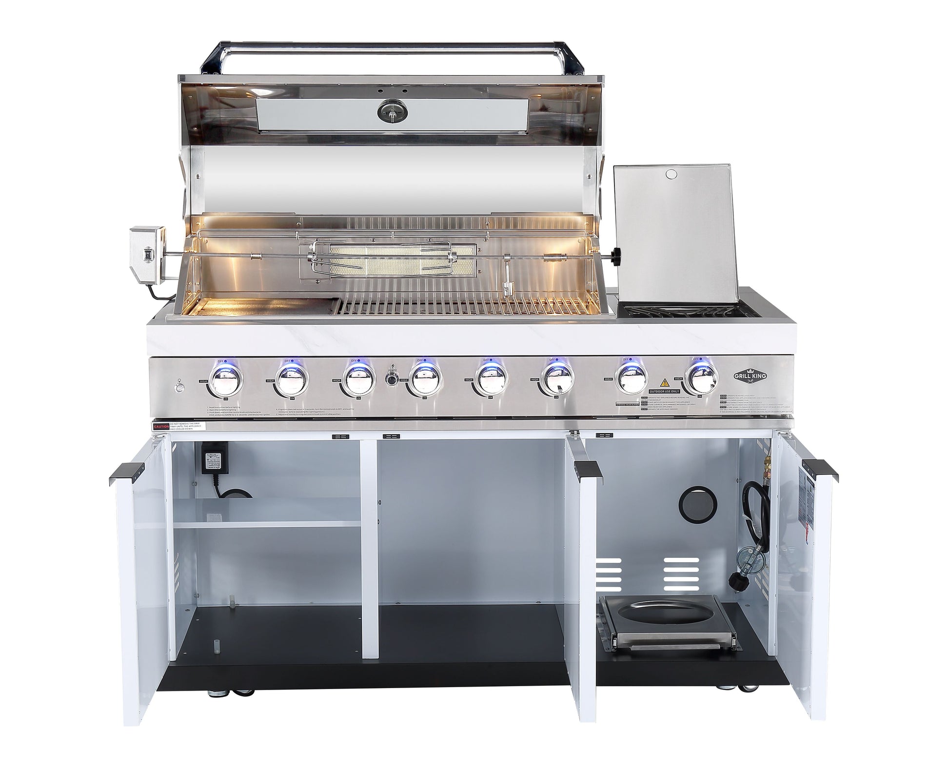 Rockpool 6B + Wok: White Designer 6 Burner Outdoor BBQ Kitchen Package: Inc White Bench, White Doors, Fridge & Sink