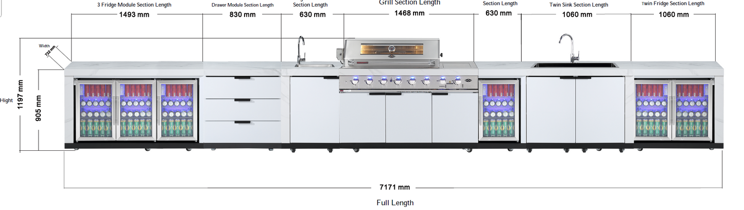 Rockpool White 6B + 21” Kamado Smoker : Designer Outdoor Kitchen BBQ Package Inc Wok Burner, Fridge, Sink, Rotisserie & BBQ Covers.