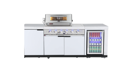 test rey 1 Rockpool White 4B + Wok: Designer Outdoor BBQ Kitchen Package Inc Fridge, Sink, Rear Infrared, Rotisserie, BBQ Cover