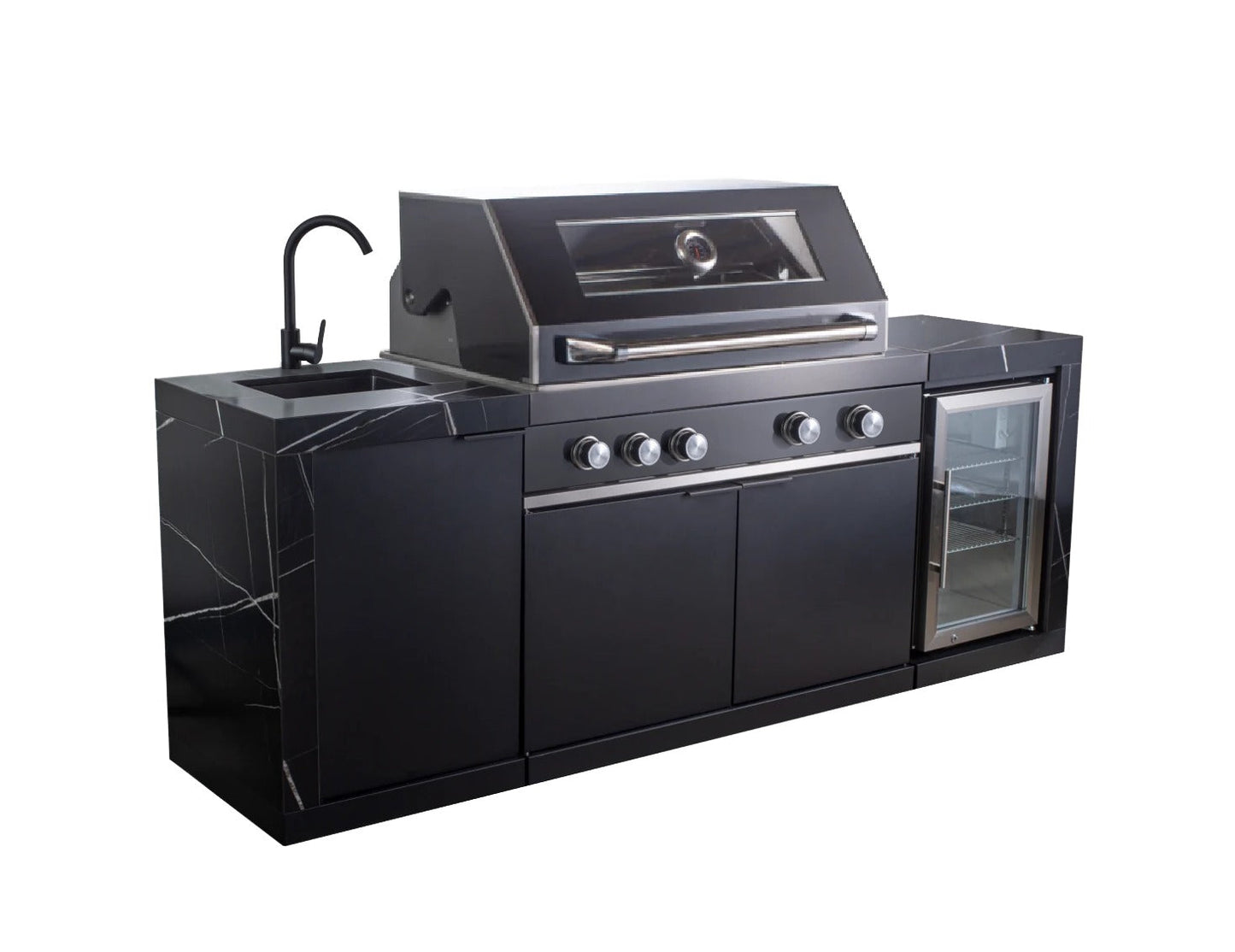 Rockpool 4B: Designer Black Outdoor BBQ Kitchen Package inc Fridge, Sink Rear Infrared, Rotisserie, BBQ Cover