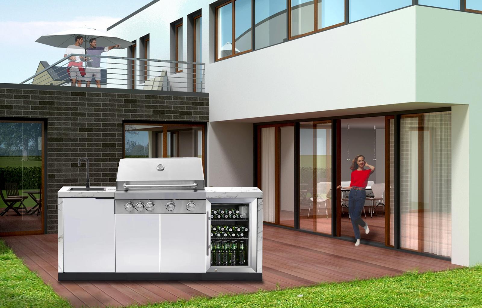 Rockpool White 4B: Designer Outdoor BBQ Kitchen Matt White Stone + White Doors, Fridge & Sink