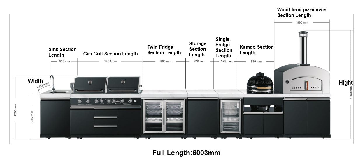 3.63M Element Twin Hood 8-Burner Outdoor BBQ Kitchen + 188L Kegerator + Wok Module : Graphite Stainless Steel, Stone Bench, Fridge, Sink, Height Adjustable, Rotisserie with BBQ Cover