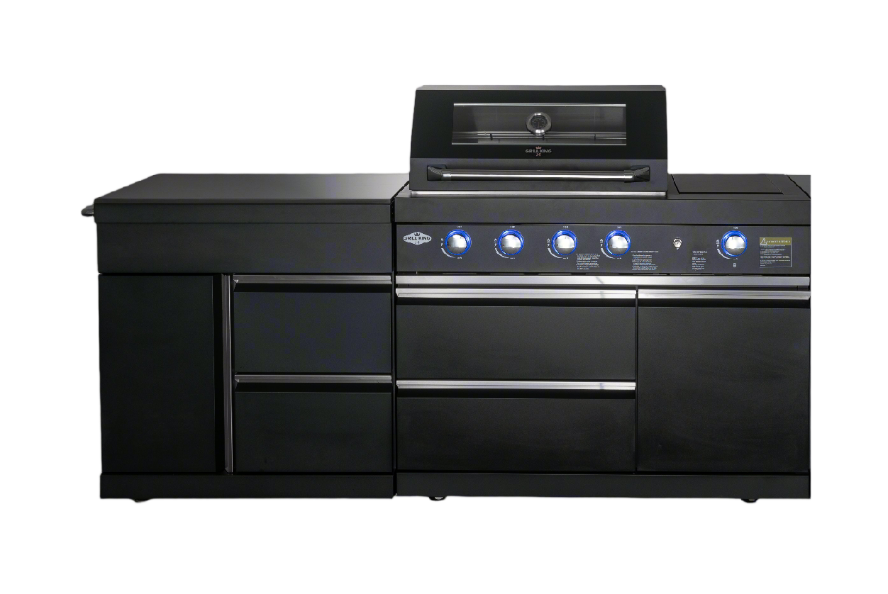 Black Felix 4B + Wok Designer BBQ Kitchen 2.8M: Fridge, Faucet, Sink, Side Wok, Storage Cupboard, Stone Benchtops