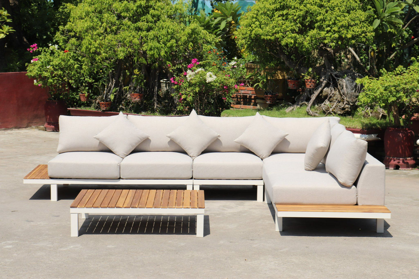 ARI Ralph White Hampton Corner Set - Outdoor Aluminium & Acacia Modular Corner Lounge White Aluminium with White Fabric