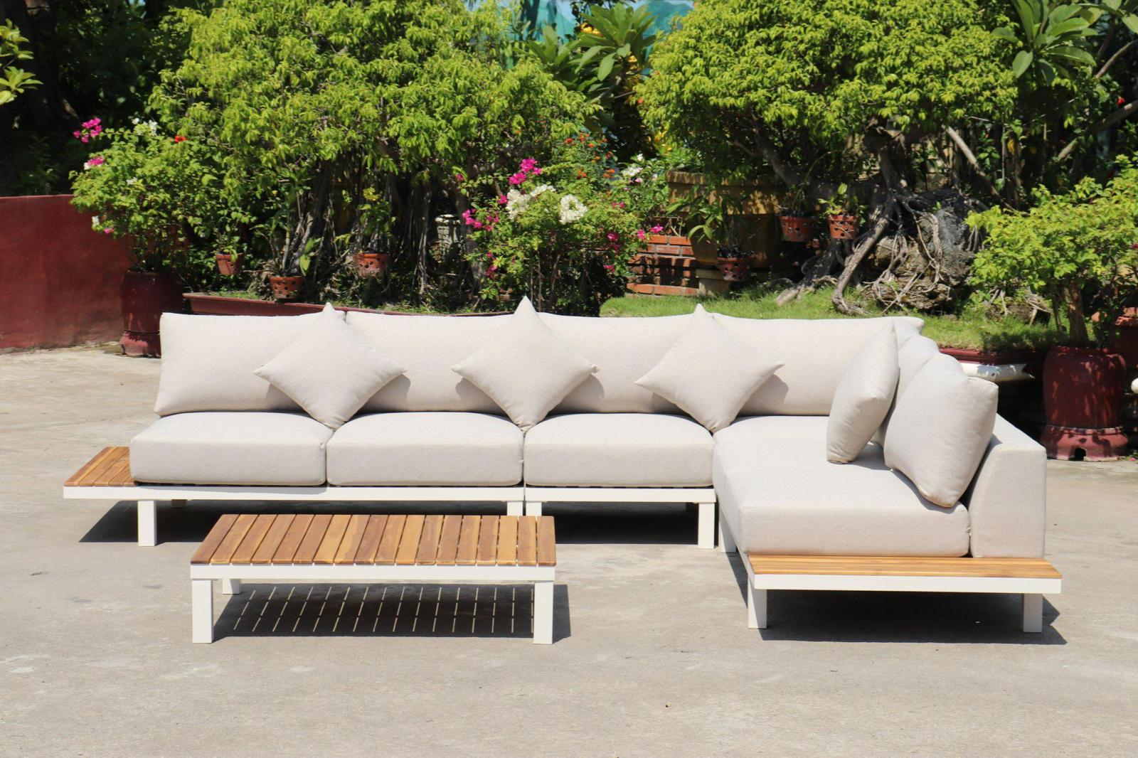 ARI Ralph White Hampton Corner Set - Outdoor Aluminium & Acacia Modular Corner Lounge White Aluminium with White Fabric