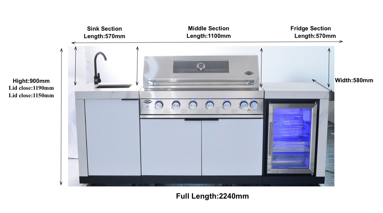 Rockpool 6B Non Wok: Designer Outdoor BBQ Kitchen Package Inc Fridge & Sink, Rotisserie, BBQ Cover, White Doors Hamptom Design