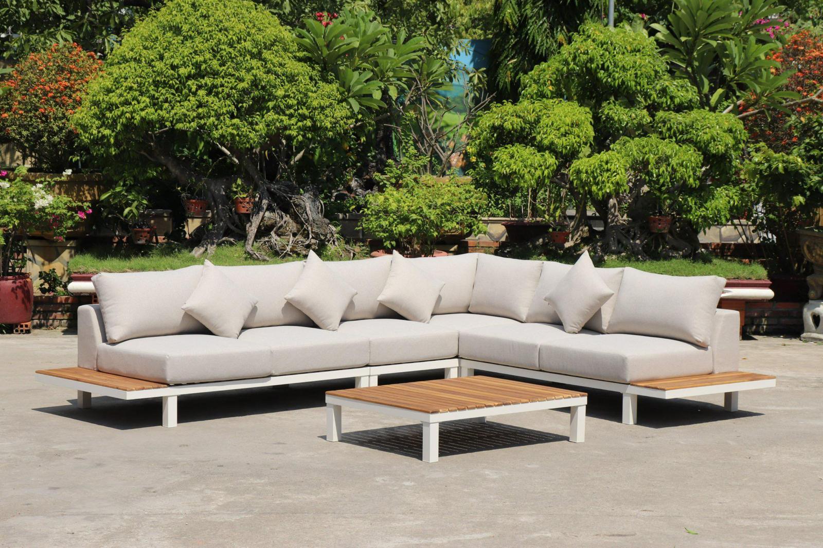 ARI Ralph White Hampton Corner Set - Outdoor Aluminium & Acacia Modular Corner Lounge White Aluminium with White Fabric