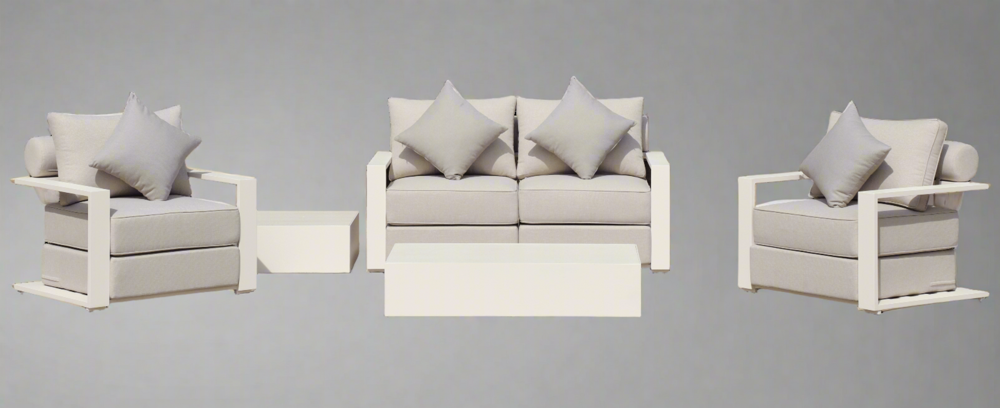 Executive 5 Piece Sofa Set: White Hampton Style with Industrial Aluminium Frame and Element-Resistant Fabric