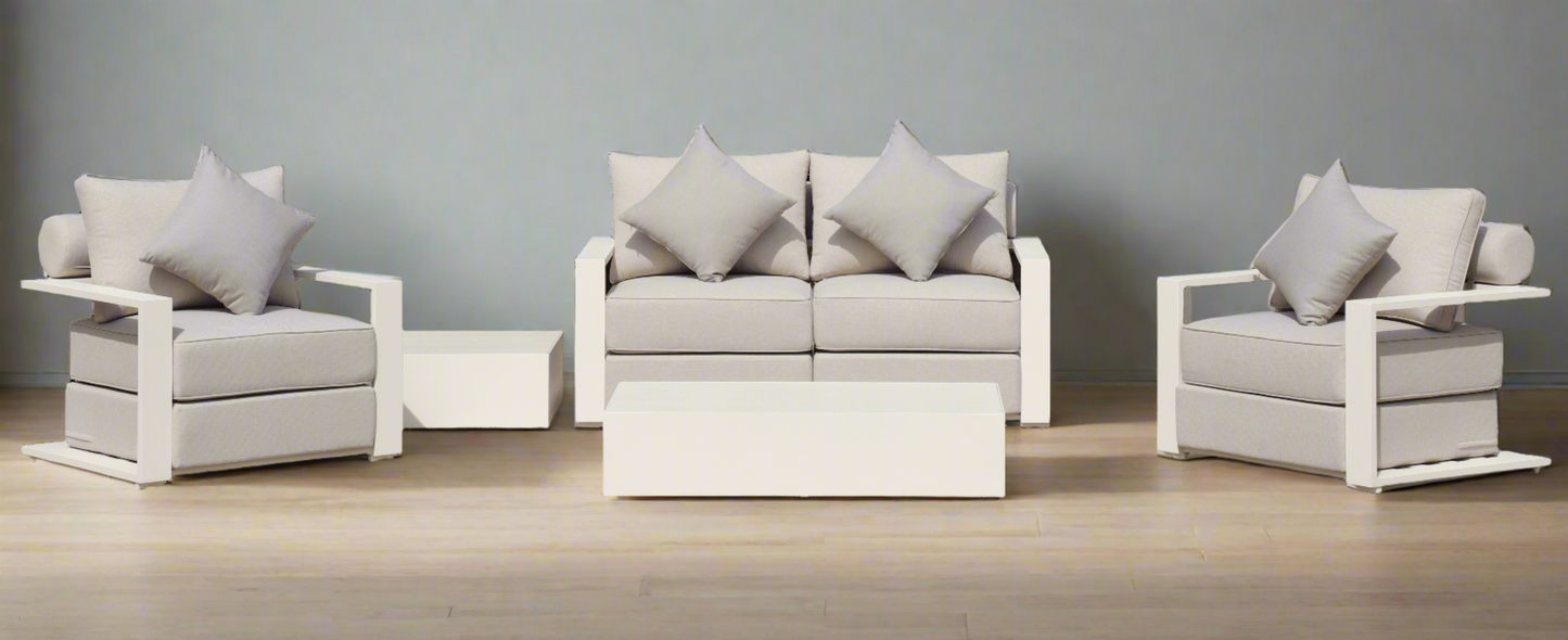 Executive 5 Piece Sofa Set: White Hampton Style with Industrial Aluminium Frame and Element-Resistant Fabric