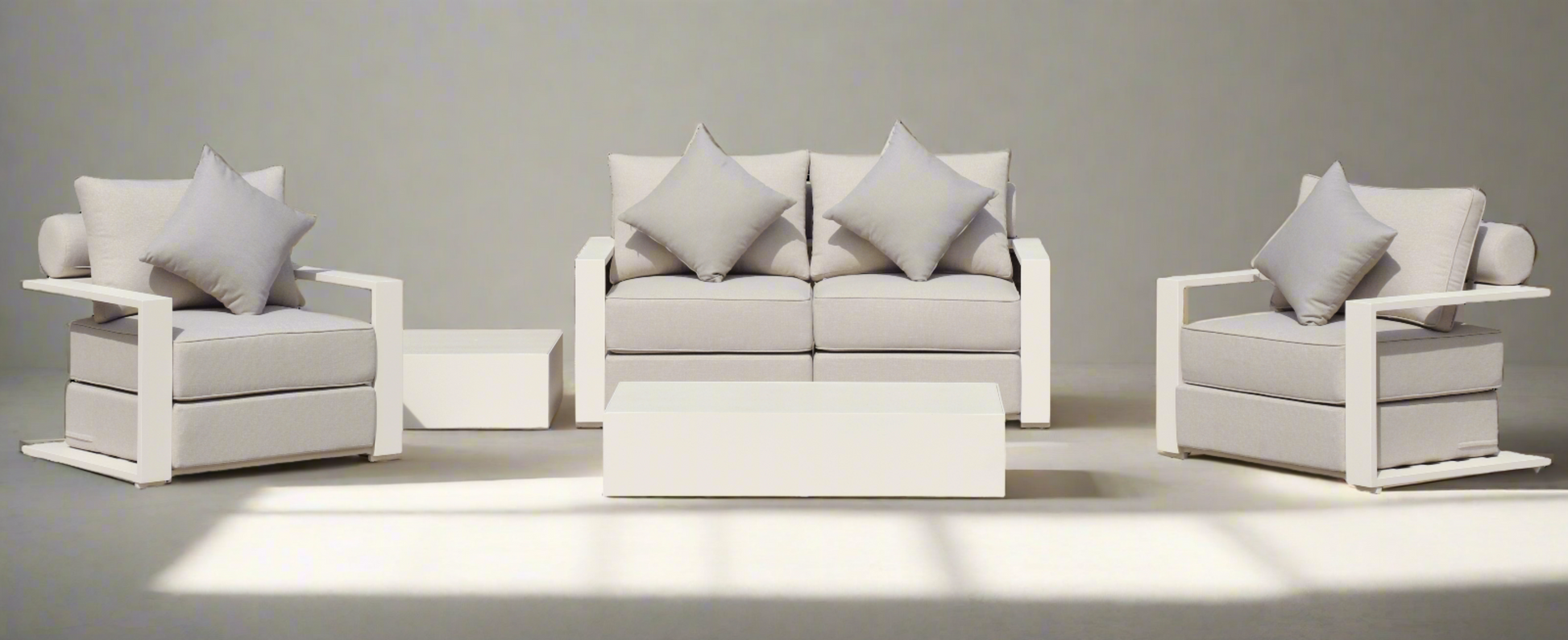 Executive 5 Piece Sofa Set: White Hampton Style with Industrial Aluminium Frame and Element-Resistant Fabric