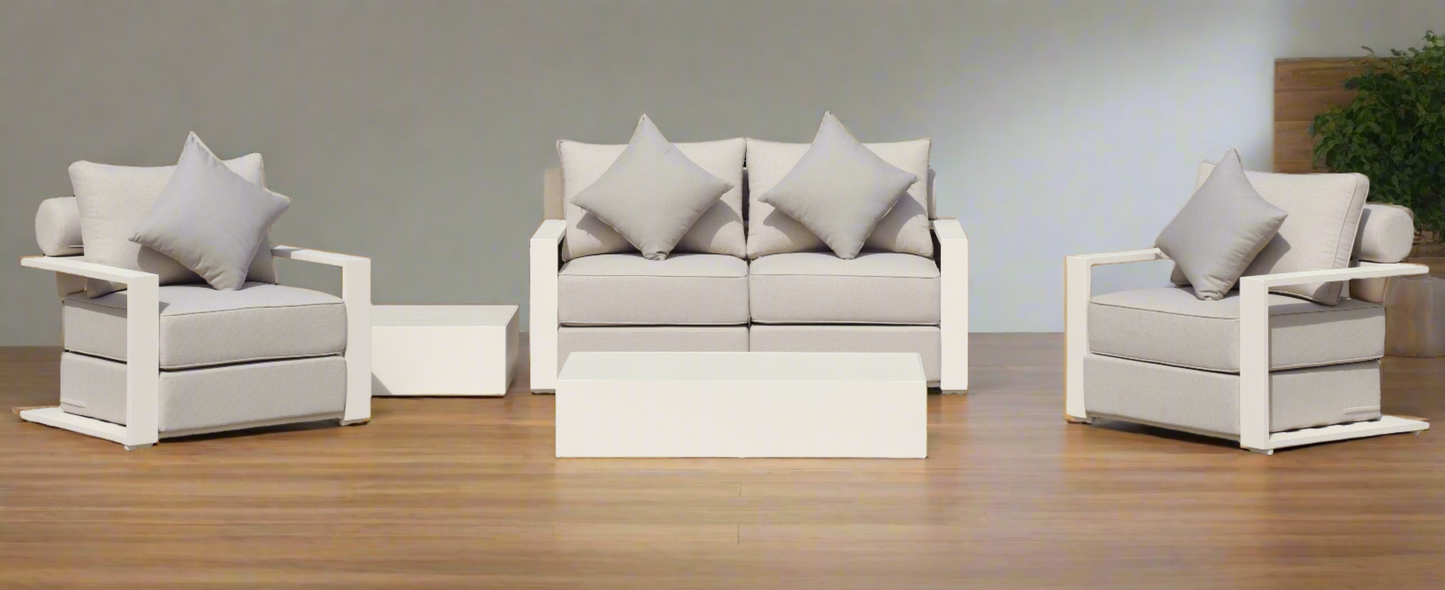 Executive 5 Piece Sofa Set: White Hampton Style with Industrial Aluminium Frame and Element-Resistant Fabric