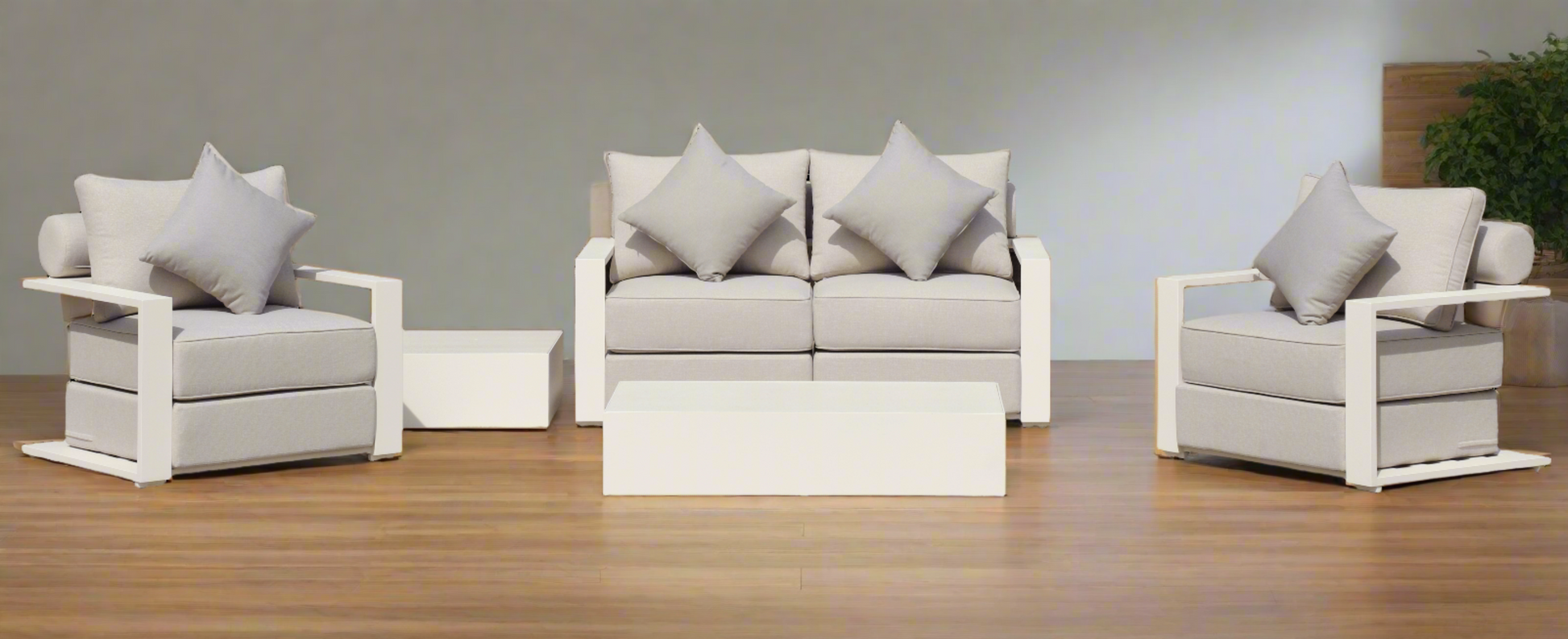 Executive 5 Piece Sofa Set: White Hampton Style with Industrial Aluminium Frame and Element-Resistant Fabric