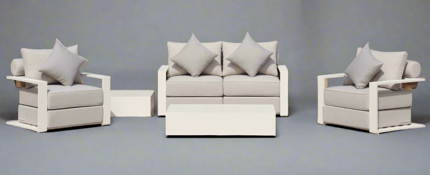 Executive 5 Piece Sofa Set: White Hampton Style with Industrial Aluminium Frame and Element-Resistant Fabric